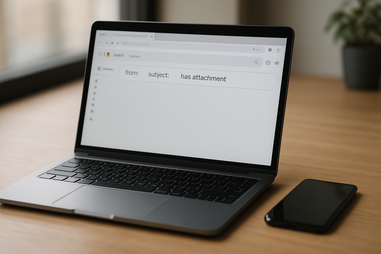 Barre de recherche Gmail avec opérateurs from:, subject: et has:attachment visibles