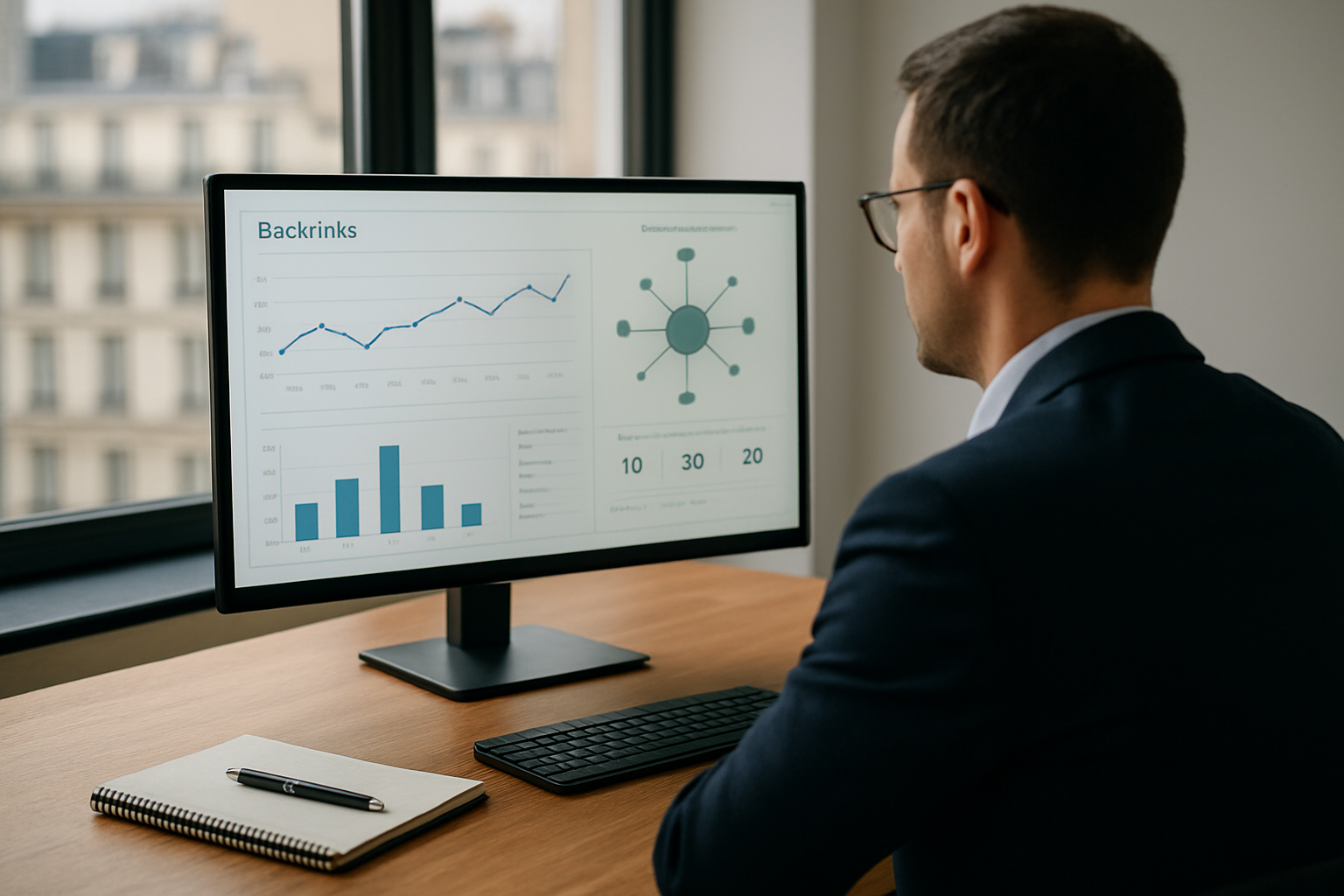 Gestion de liens SEO sur un tableau de bord, analyste vérifiant backlinks et maillage interne, bureau en lumière naturelle