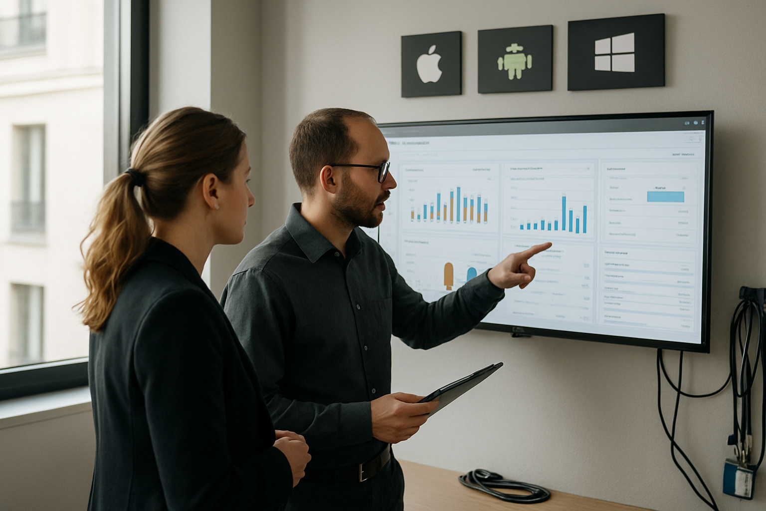 Équipe IT comparant une solution MDM sur un tableau de bord sécurisé