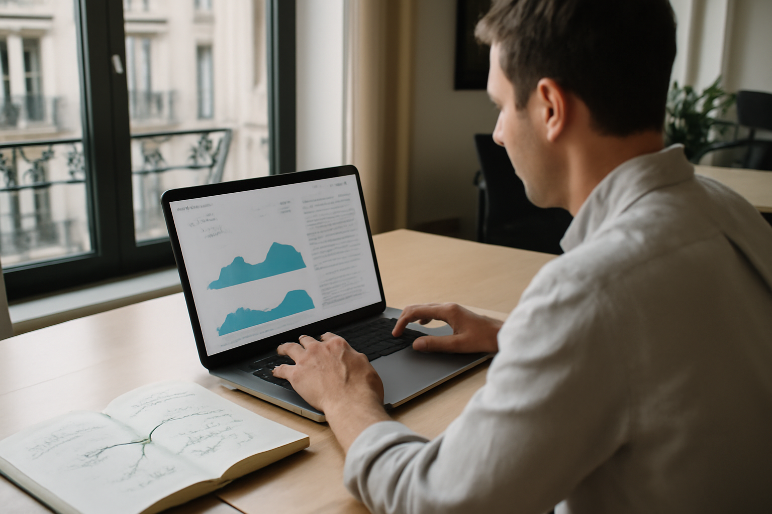 storytelling digital : une personne en studio marketing avec ordinateur affichant un script et des métriques