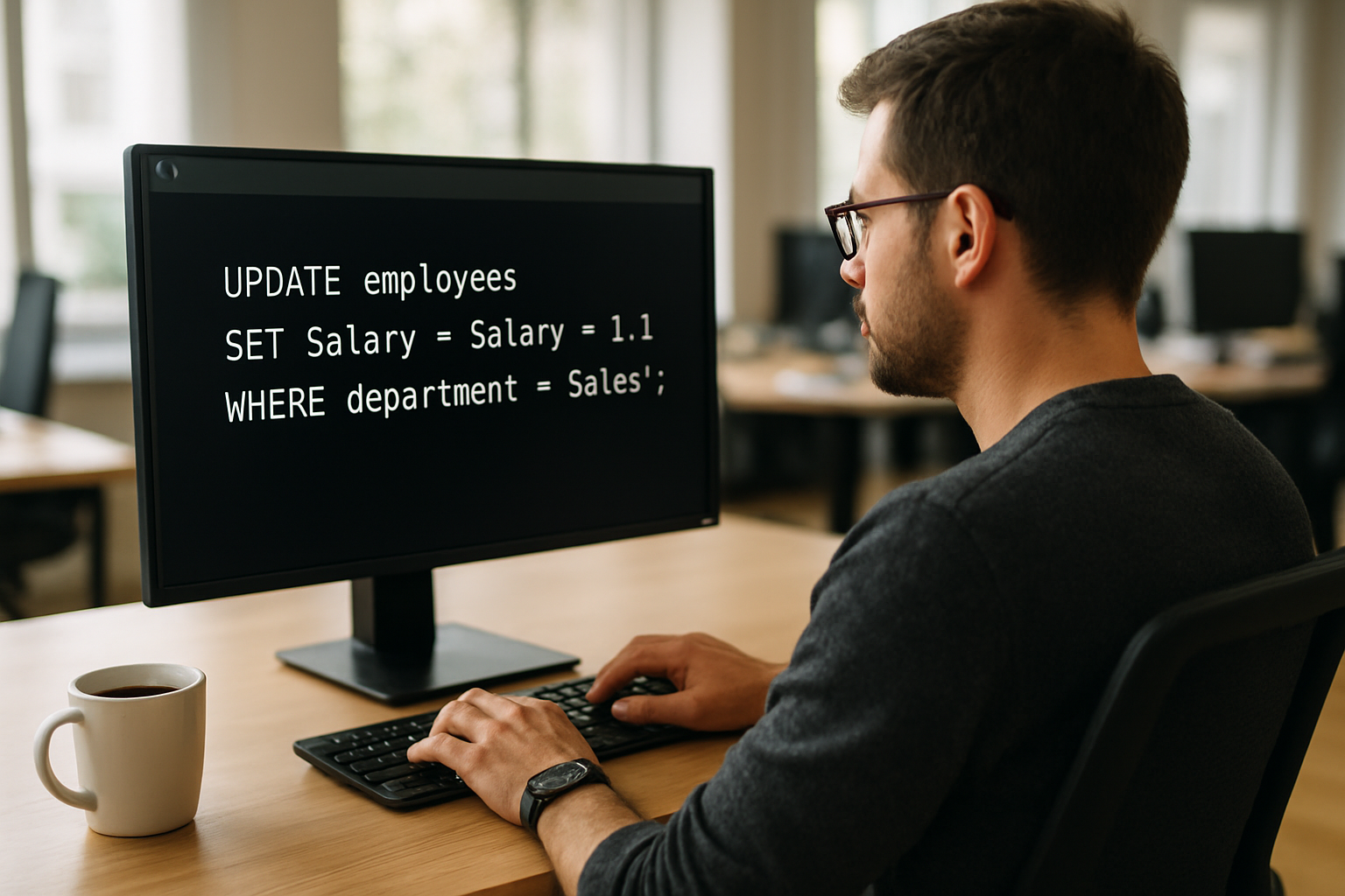 Capture réaliste d’un terminal SQL exécutant une requête UPDATE avec clause WHERE sur une base de données